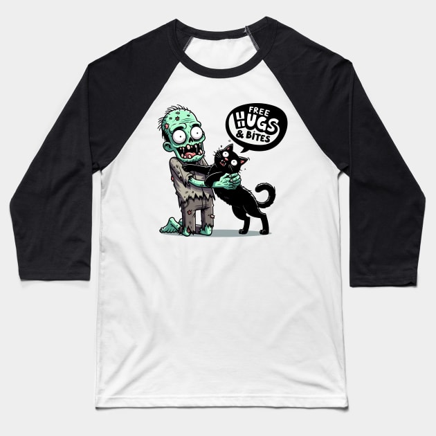 Free Hugs and bites - Zombie hugging black cat Baseball T-Shirt by PrintSoulDesigns